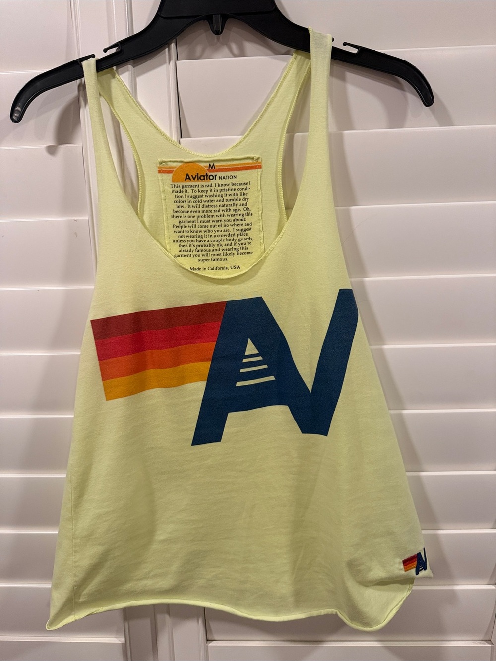 Aviator Nation Lemon Yellow Tank with Navy AV and Sunset Stripes